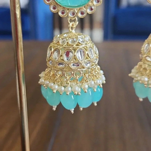 Bollywood Style Carved Blue and Gold Jhumkas - Picture 4 of 8